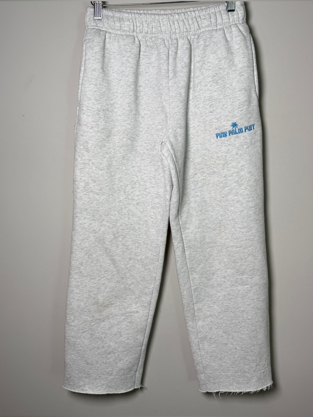 Pink Palm Puff Wide Leg Sweatpants Heather Gray Blue Raw Hem SR